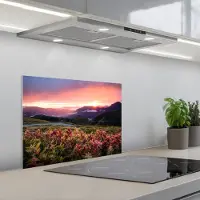 KitchenYeah Spatscherm 60x45 cm - Zelfklevende achterwand Bloemen - Bergen - Landschap - Nacht - Lucht - Roze - Keuken muurbeschermer - Spatwand fornuis