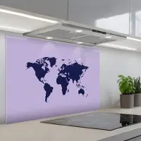 KitchenYeah Spatscherm 80x55 cm - Zelfklevende achterwand Lila - Wereldkaart - Blauw - Keuken muurbeschermer - Spatwand fornuis