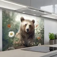 KitchenYeah Spatscherm 120x80 cm - Zelfklevende achterwand Bruine beer - Wilde dieren - Bloemen - Planten - Keuken muurbeschermer - Spatwand fornuis