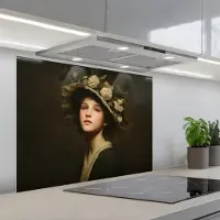 KitchenYeah Spatscherm 90x70 cm - Zelfklevende achterwand Bloemenhoed - Portret - Vrouw - Keuken muurbeschermer - Spatwand fornuis
