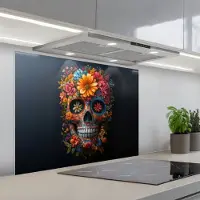 KitchenYeah Spatscherm 90x70 cm - Zelfklevende achterwand Bloemen - Kleurrijk - Schedel - Keuken muurbeschermer - Spatwand fornuis
