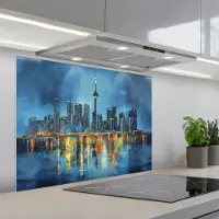 KitchenYeah Spatscherm 90x70 cm - Zelfklevende achterwand Skyline Toronto - Water - Stadslichten - Toren - Keuken muurbeschermer - Spatwand fornuis