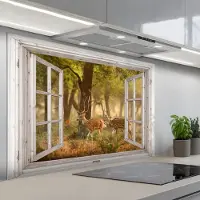 KitchenYeah Spatscherm 120x80 cm - Zelfklevende achterwand Herten - Bos - Herfst - Bosdieren - Natuur - Hert - Doorkijk - Keuken muurbeschermer - Spatwand fornuis