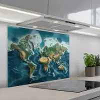 KitchenYeah Spatscherm 90x70 cm - Zelfklevende achterwand Wereldkaart - Realistisch - Contouren - Keuken muurbeschermer - Spatwand fornuis
