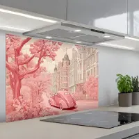 KitchenYeah Spatscherm 90x60 cm - Zelfklevende achterwand City - Car - Pink - Keuken muurbeschermer - Spatwand fornuis