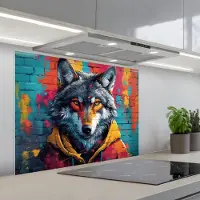 KitchenYeah Spatscherm 80x60 cm - Zelfklevende achterwand Graffiti - Wolf - Street art - Blauw - Keuken muurbeschermer - Spatwand fornuis