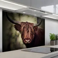 KitchenYeah Spatscherm 120x80 cm - Zelfklevende achterwand Schotse hooglander - Licht - Portret - Natuur - Keuken muurbeschermer - Spatwand fornuis