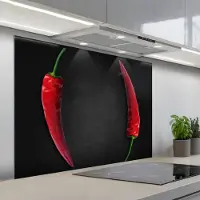 KitchenYeah Spatscherm 100x75 cm - Zelfklevende achterwand Rode peper - Specerij - Chili - Zwart - Keuken muurbeschermer - Spatwand fornuis