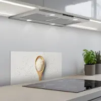 KitchenYeah Spatscherm 70x30 cm - Zelfklevende achterwand Hout - Lepel - Rijst - Keuken muurbeschermer - Spatwand fornuis