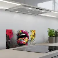 KitchenYeah Spatscherm 70x30 cm - Zelfklevende achterwand Lippen - Graffiti - Expressief - Keuken muurbeschermer - Spatwand fornuis