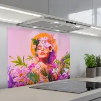 KitchenYeah Spatscherm 80x60 cm - Zelfklevende achterwand Vrouw - Abstract - Cirkel - Bloemen - Keuken muurbeschermer - Spatwand fornuis