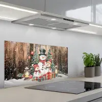 KitchenYeah Spatscherm 80x40 cm - Zelfklevende achterwand Sneeuwpop - Familie - Kleurrijk - Keuken muurbeschermer - Spatwand fornuis