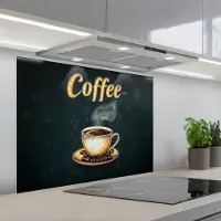 KitchenYeah Spatscherm 90x70 cm - Zelfklevende achterwand Koffie - Schotel - Koffiebonen - Retro - Keuken muurbeschermer - Spatwand fornuis