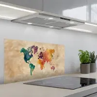 KitchenYeah Spatscherm 80x40 cm - Zelfklevende achterwand Wereldkaart - Regenboog aquarel - Papierstructuur - Keuken muurbeschermer - Spatwand fornuis