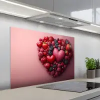 KitchenYeah Spatscherm 100x65 cm - Zelfklevende achterwand Fruit - Hartjes - Aardbeien - Frambozen - Bosbessen - Keuken muurbeschermer - Spatwand fornuis