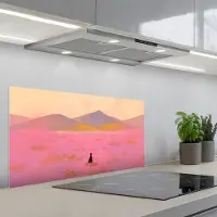 KitchenYeah Spatscherm 90x45 cm - Zelfklevende achterwand Bloemenweide - Heuvels - Silhouet - Roze - Keuken muurbeschermer - Spatwand fornuis