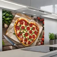 KitchenYeah Spatscherm 120x80 cm - Zelfklevende achterwand Pizza - Hart - Pepperoni - Tomaat - Keuken muurbeschermer - Spatwand fornuis