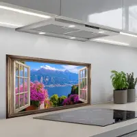 KitchenYeah Spatscherm 80x40 cm - Zelfklevende achterwand Doorkijk - Berg - Landschap - Uitzicht - Meer - Keuken muurbeschermer - Spatwand fornuis