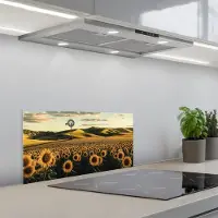 KitchenYeah Spatscherm 60x30 cm - Zelfklevende achterwand Zonnebloem - Veld - Windmolen - Keuken muurbeschermer - Spatwand fornuis