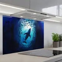 KitchenYeah Spatscherm 90x60 cm - Zelfklevende achterwand Walvis - Vissen - Donkerblauw - Keuken muurbeschermer - Spatwand fornuis