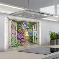 KitchenYeah Spatscherm 90x70 cm - Zelfklevende achterwand Hortensia - Doorkijk - Bloemen - Zomer - Paars - Pad - Keuken muurbeschermer - Spatwand fornuis