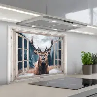 KitchenYeah Spatscherm 90x70 cm - Zelfklevende achterwand Hert - Dieren - Landschap - Winter - Sneeuw - Doorkijk - Natuur - Keuken muurbeschermer - Spatwand fornuis