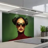 KitchenYeah Spatscherm 80x55 cm - Zelfklevende achterwand Vrouw - Groen - Bril - Aesthetic - Modern - Keuken muurbeschermer - Spatwand fornuis