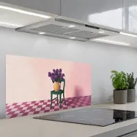 KitchenYeah Spatscherm 90x45 cm - Zelfklevende achterwand Stoel - Vaas - Bloemen - Geblokt - Keuken muurbeschermer - Spatwand fornuis
