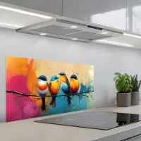 KitchenYeah Spatscherm 80x40 cm - Zelfklevende achterwand Vogels - Kleurrijk - Tak - Abstract - Keuken muurbeschermer - Spatwand fornuis