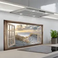 KitchenYeah Spatscherm 100x50 cm - Zelfklevende achterwand Doorkijk - Strand - Duinen - Zee - Natuur - Keuken muurbeschermer - Spatwand fornuis