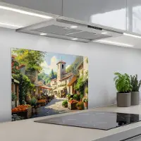 KitchenYeah Spatscherm 70x55 cm - Zelfklevende achterwand Dorp - Zon - Kraampjes - Huizen - Keuken muurbeschermer - Spatwand fornuis