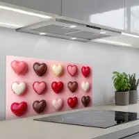 KitchenYeah Spatscherm 80x40 cm - Zelfklevende achterwand Macarons - Hartjes - Kleurrijk - Roze - Keuken muurbeschermer - Spatwand fornuis