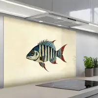 KitchenYeah Spatscherm 120x80 cm - Zelfklevende achterwand Gestreept - Donkerblauw - Rugvin - Vis - Keuken muurbeschermer - Spatwand fornuis