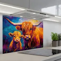 KitchenYeah Spatscherm 90x60 cm - Zelfklevende achterwand Schotse hooglander - Koeien - Dieren - Kunst - Keuken muurbeschermer - Spatwand fornuis