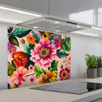 KitchenYeah Spatscherm 80x60 cm - Zelfklevende achterwand Bloemen - Kleurrijk - Roze - Keuken muurbeschermer - Spatwand fornuis