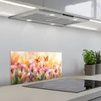 KitchenYeah Spatscherm 60x30 cm - Zelfklevende achterwand Vlinders - Oranje - Bloemen - Keuken muurbeschermer - Spatwand fornuis