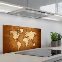 KitchenYeah Spatscherm 80x40 cm - Zelfklevende achterwand Wereldkaart - Perkamenttextuur - Keuken muurbeschermer - Spatwand fornuis