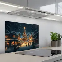 KitchenYeah Spatscherm 70x50 cm - Zelfklevende achterwand Kerstfeest - Dorp - Donker - Keuken muurbeschermer - Spatwand fornuis