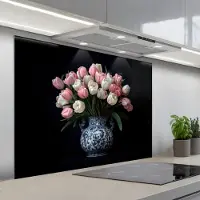 KitchenYeah Spatscherm 100x75 cm - Zelfklevende achterwand Bloemen - Roze - Tulpen - Vaas - Keuken muurbeschermer - Spatwand fornuis