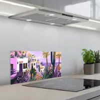 KitchenYeah Spatscherm 70x30 cm - Zelfklevende achterwand Huizen - Minimalistisch - Palmbomen - Kust - Keuken muurbeschermer - Spatwand fornuis