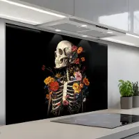 KitchenYeah Spatscherm 120x80 cm - Zelfklevende achterwand Skelet - Bloemen - Schedel - Kleurrijk - Keuken muurbeschermer - Spatwand fornuis