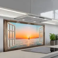 KitchenYeah Spatscherm 120x60 cm - Zelfklevende achterwand Doorkijk - Zee - Boot - Zonsondergang - Keuken muurbeschermer - Spatwand fornuis