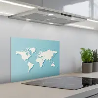 KitchenYeah Spatscherm 60x45 cm - Zelfklevende achterwand Wereldkaart - Minimalistisch - Blauw - Crème - Keuken muurbeschermer - Spatwand fornuis