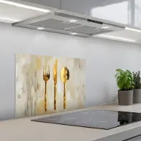 KitchenYeah Spatscherm 60x45 cm - Zelfklevende achterwand Verf - Goud - Bestek - Keuken muurbeschermer - Spatwand fornuis