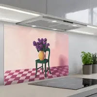 KitchenYeah Spatscherm 90x60 cm - Zelfklevende achterwand Stoel - Vaas - Bloemen - Geblokt - Keuken muurbeschermer - Spatwand fornuis