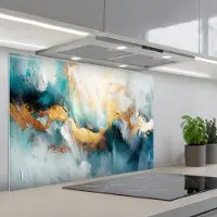 KitchenYeah Spatscherm 90x60 cm - Zelfklevende achterwand Abstract - Kunst - Gold - Blauw - Keuken muurbeschermer - Spatwand fornuis