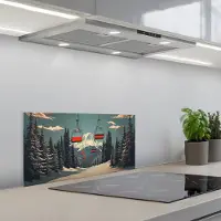 KitchenYeah Spatscherm 70x30 cm - Zelfklevende achterwand Sneeuw - Skilift - Rood - Bomen - Keuken muurbeschermer - Spatwand fornuis