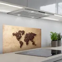 KitchenYeah Spatscherm 90x45 cm - Zelfklevende achterwand Wereldkaart - Zandkleur - Koffiebonen - Keuken muurbeschermer - Spatwand fornuis