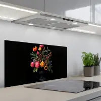 KitchenYeah Spatscherm 90x45 cm - Zelfklevende achterwand Tulpen - Bessen - Boeket - Vaas - Keuken muurbeschermer - Spatwand fornuis