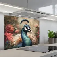 KitchenYeah Spatscherm 90x70 cm - Zelfklevende achterwand Pauw - Vogel - Bloemen - Planten - Pauwenveren - Keuken muurbeschermer - Spatwand fornuis